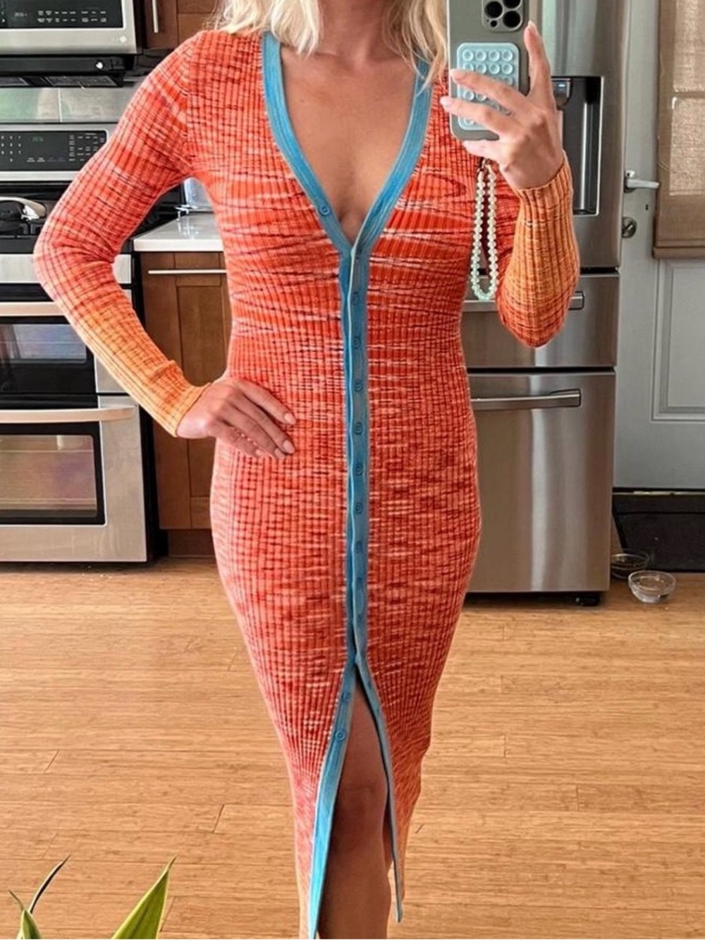 STAUD Orange Ribbed Button-Front Midi Dress with Blue Trim